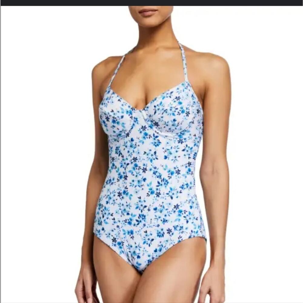 NWT Shoshanna Halter Underwire Blue Floral Cut Out V-Neck One-Piece Swimsuit 6